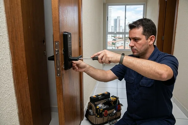 Fechadura digital instalada em uma porta em Praia Grande, destacando a modernidade e segurança.