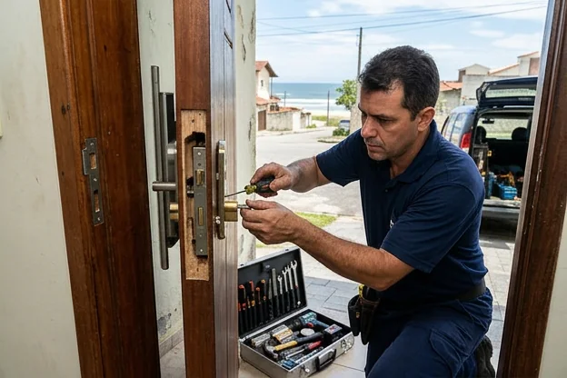 Fechadura nova instalada em uma porta de casa em Praia Grande.